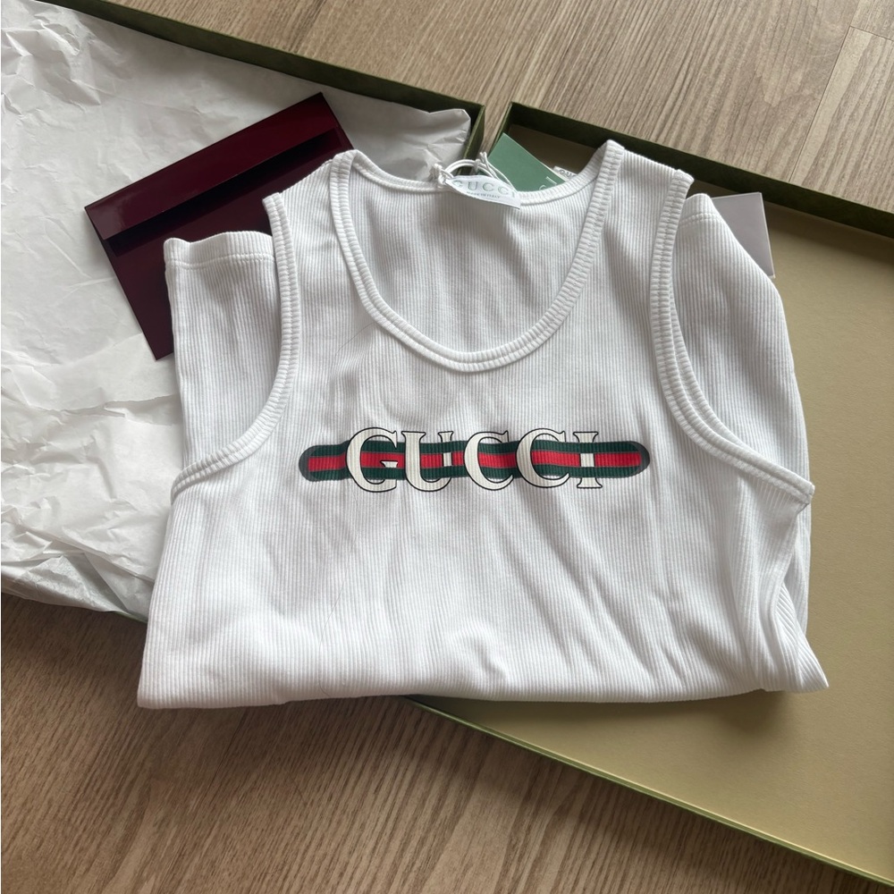 Gucci White Tank Top with Red and Green Logo